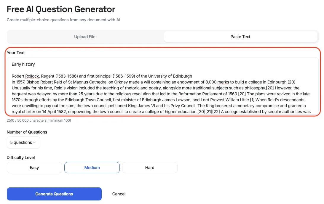 Upload document or paste text to generate questions