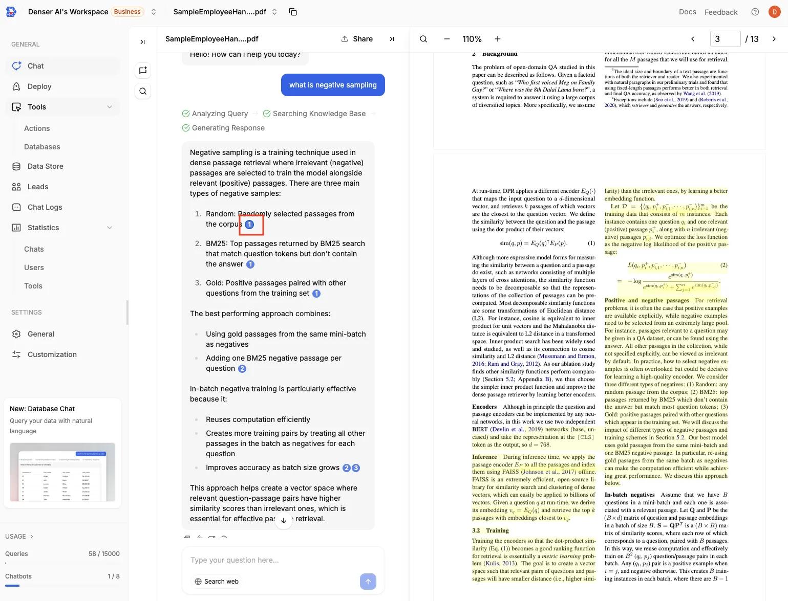 Screenshot concept: Denser Chat showing a PDF on the right with a highlighted paragraph, and a chat answer on the left referencing that exact highlighted section.