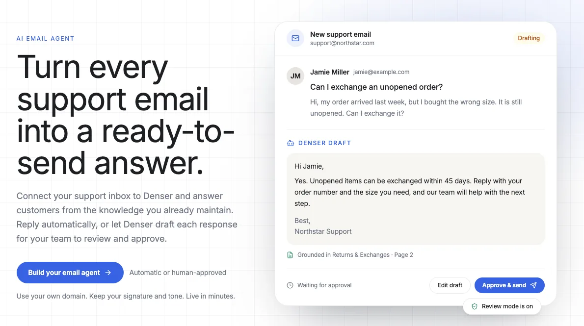 Denser AI Email Agent preparing a knowledge-grounded customer support reply for human approval