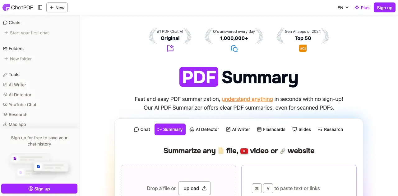 ChatPDF instant PDF summary interface