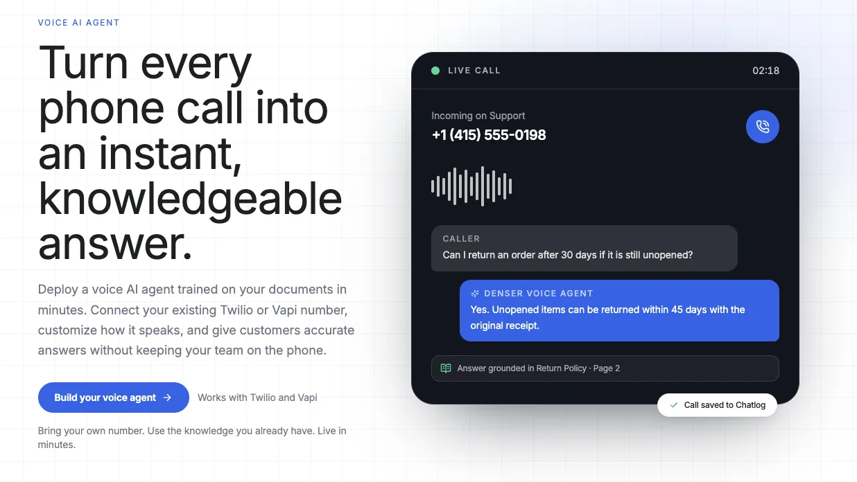 Denser AI voice agent answering a customer call with a response grounded in the company return policy