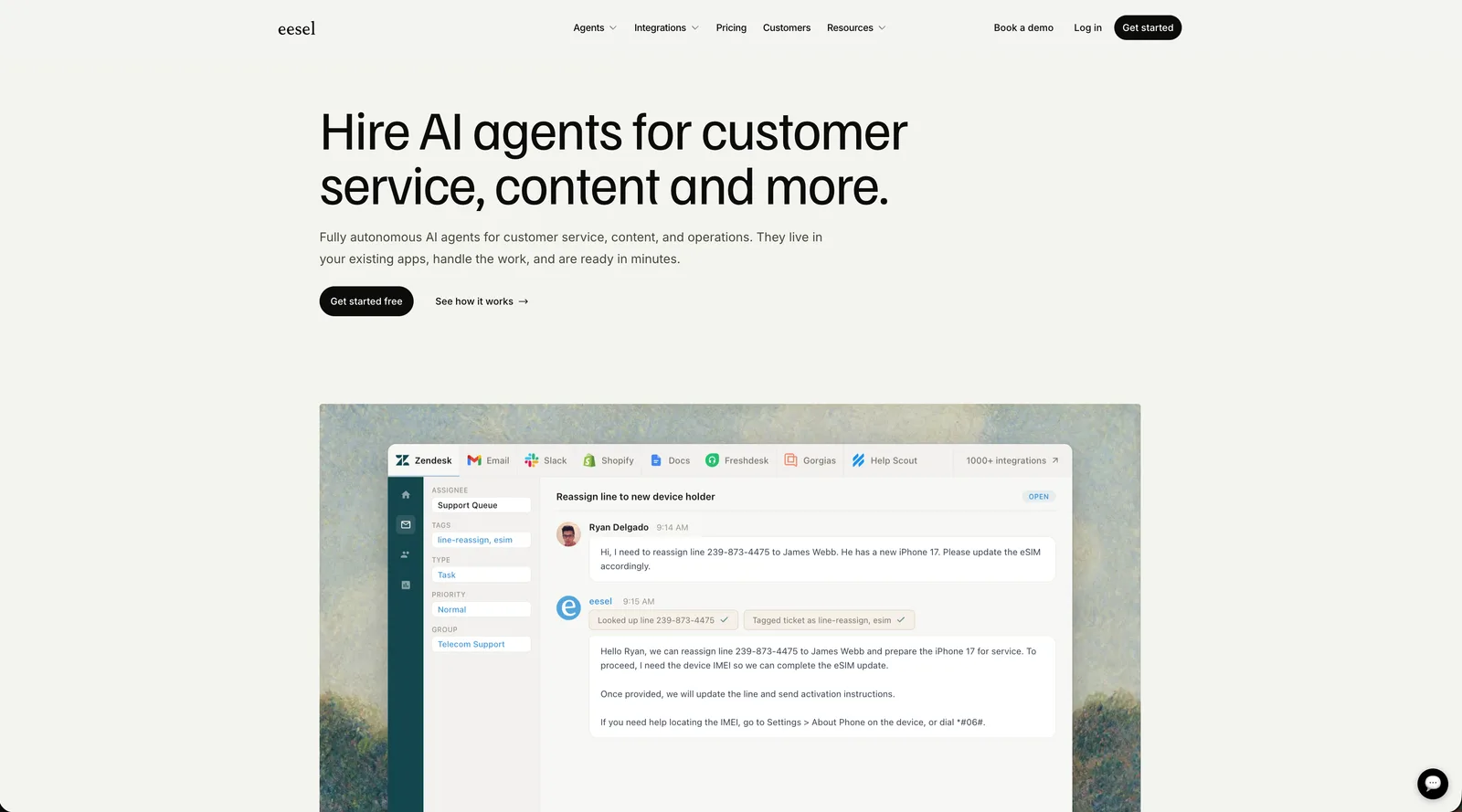 eesel AI homepage showing AI teammates for customer service and ecommerce