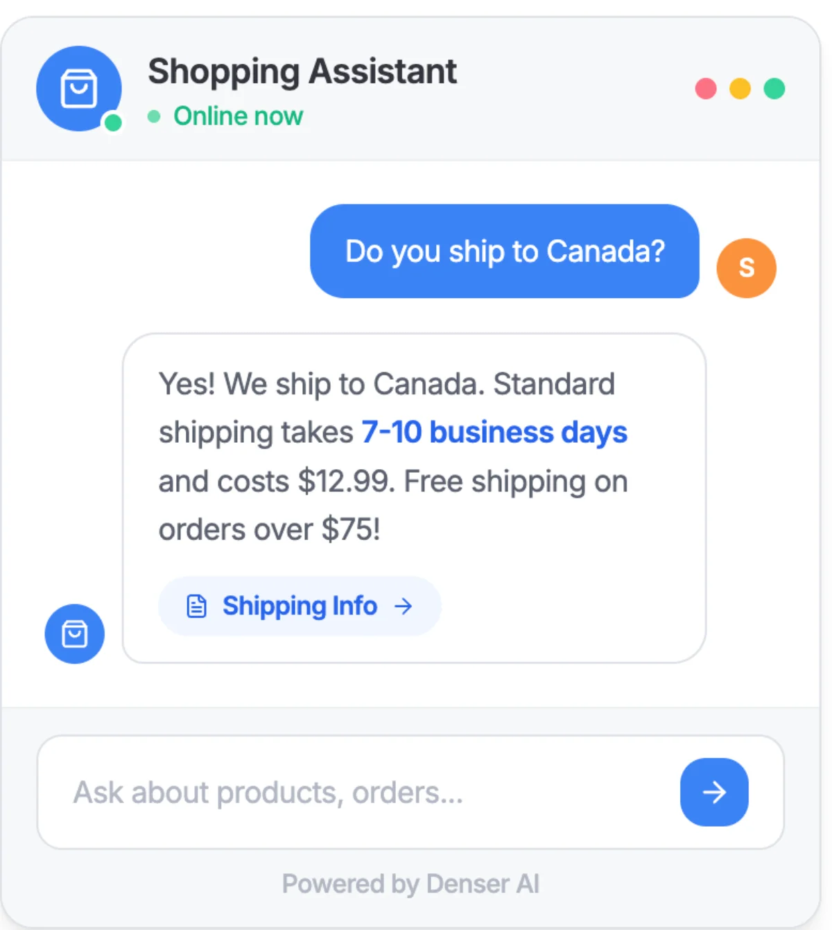Shopping Assistant chatbot answering a shipping question with source citation