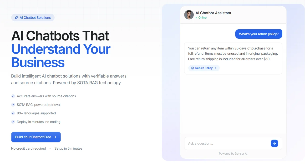 Denser AI chatbot dashboard showing knowledge base sources, citations, and conversation analytics for small businesses