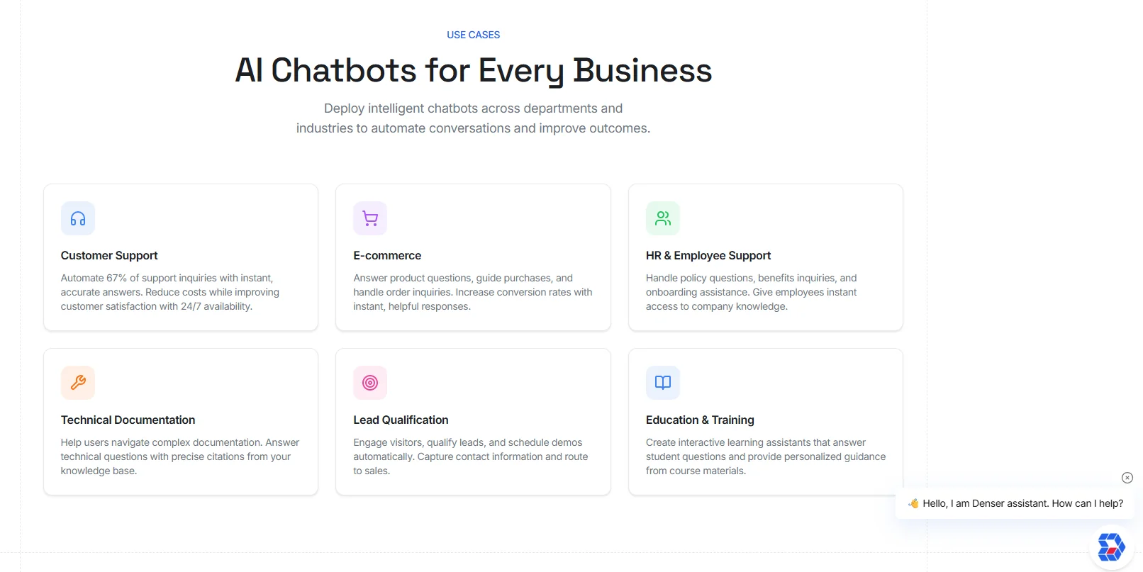 Denser chatbot answering small business support questions with cited sources from a knowledge base