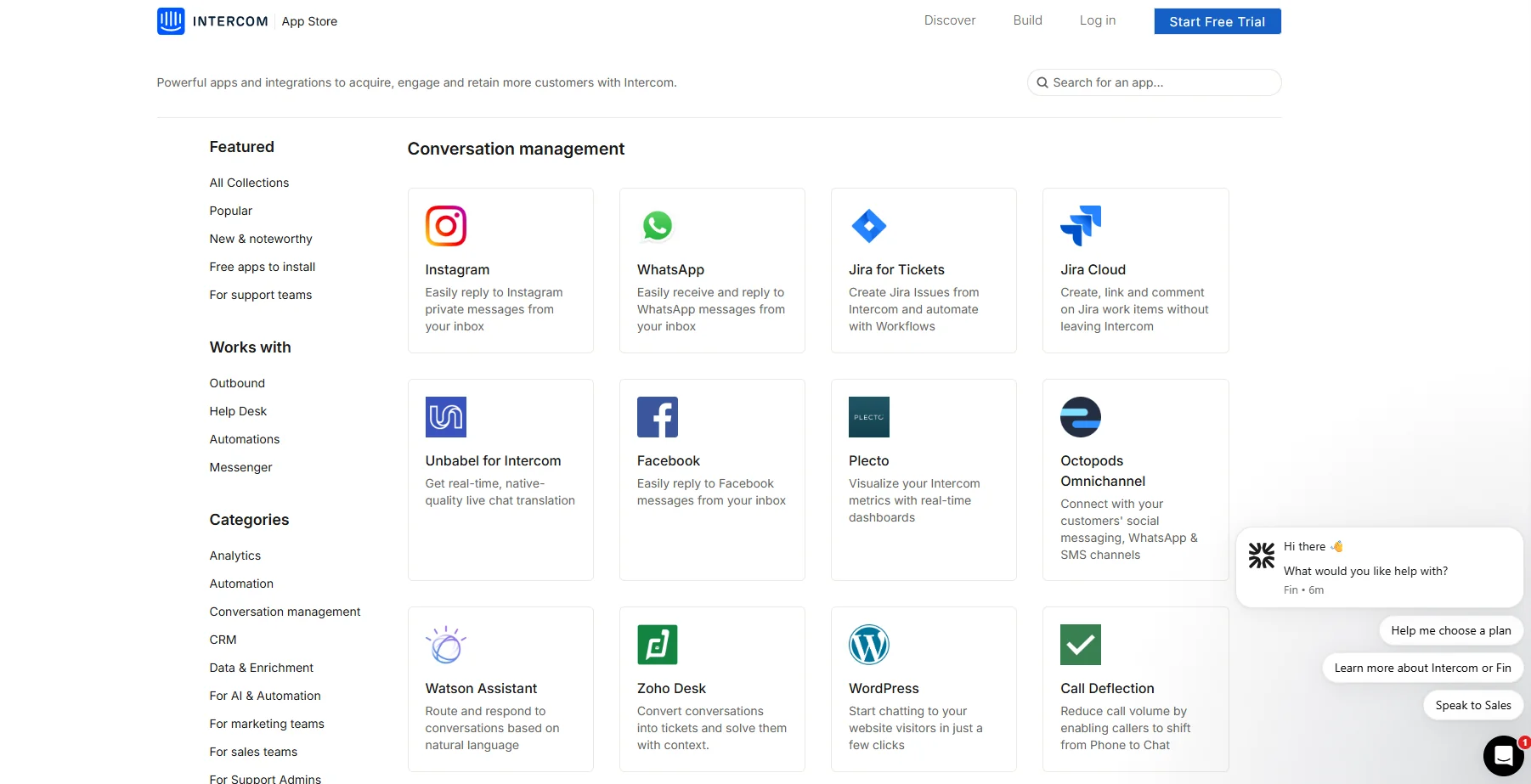 Intercom app store and conversation management interface featuring Fin AI agent integrations