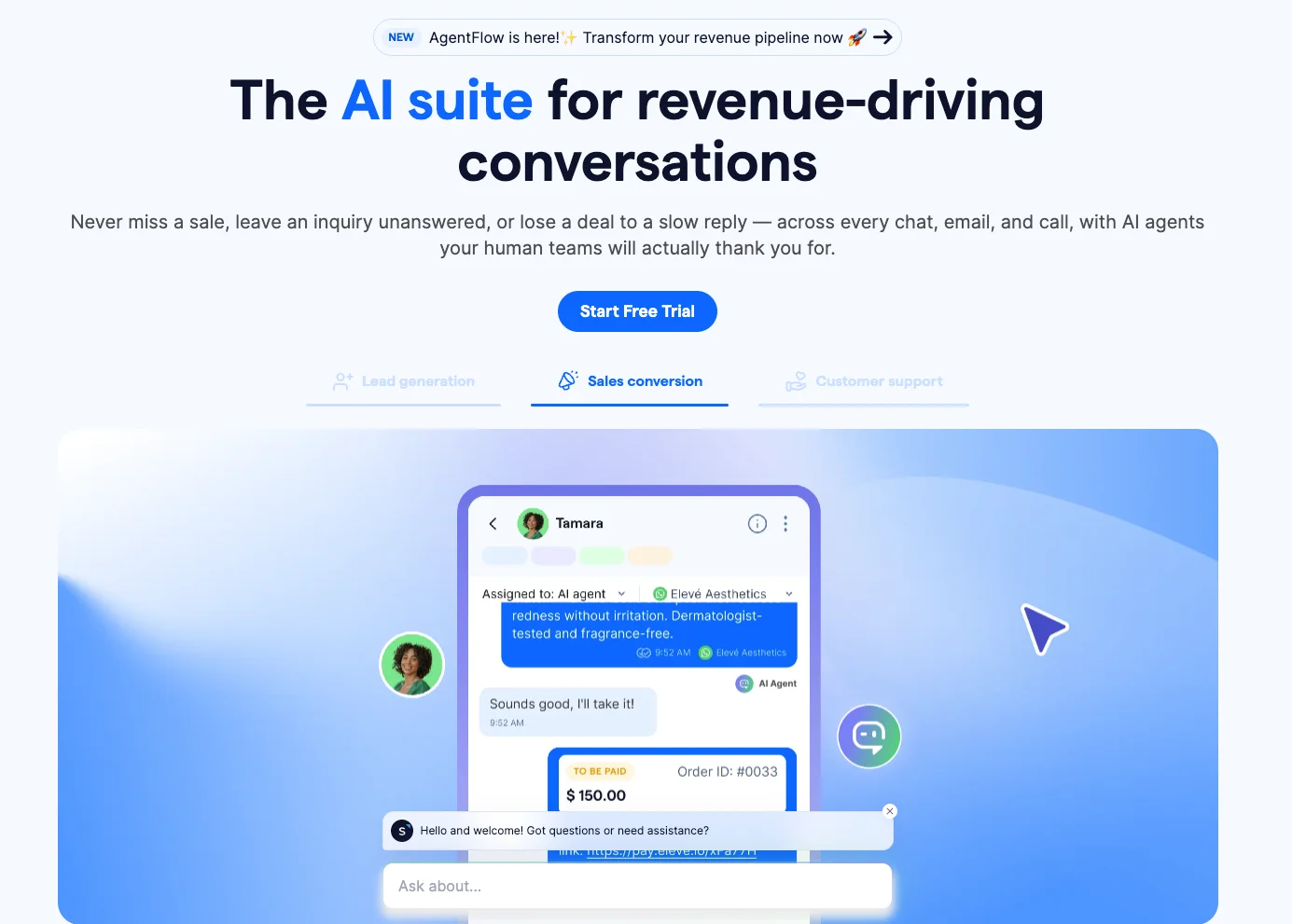 SleekFlow AI suite with an AI agent handling a WhatsApp sales conversation and order payment