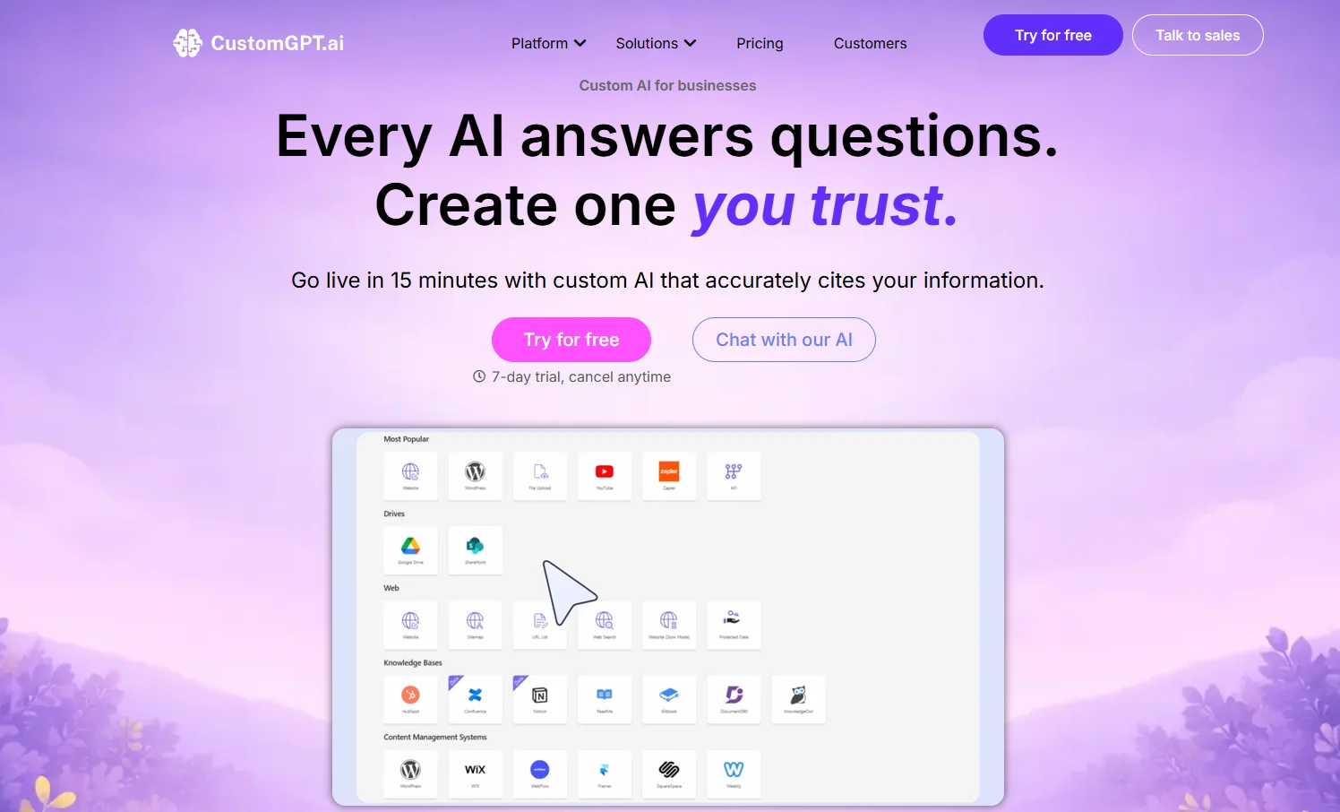 CustomGPT no-code chatbot builder with private data ingestion and website search for content-heavy sites