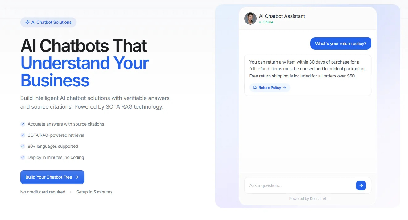 Denser AI chatbot dashboard for Squarespace sites with knowledge base sources, citations, and conversation analytics