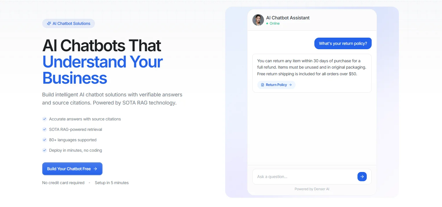 Denser chatbot embedded in a Squarespace site, answering visitor questions about pricing and bookings