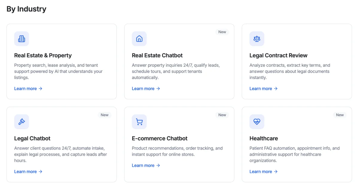 Denser AI solutions by industry — Real Estate, Legal, E-commerce, and Healthcare
