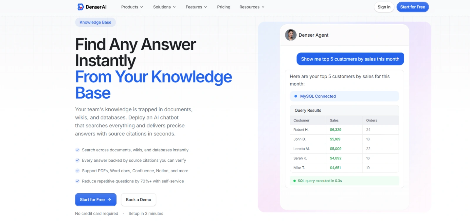 Denser AI knowledge base chatbot interface