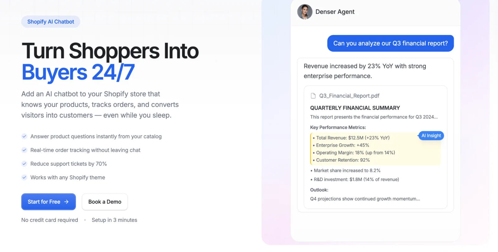 Denser AI website chatbot answering a customer question with a source citation