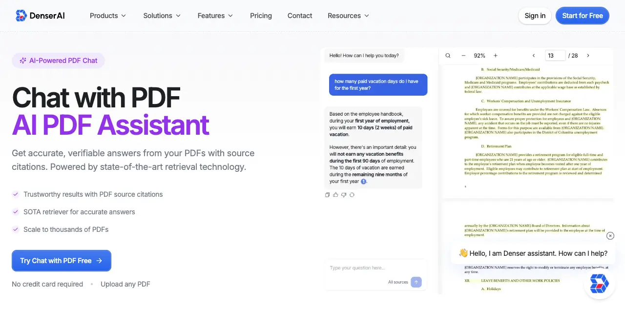 Denser AI chat with PDF showing visual source citations