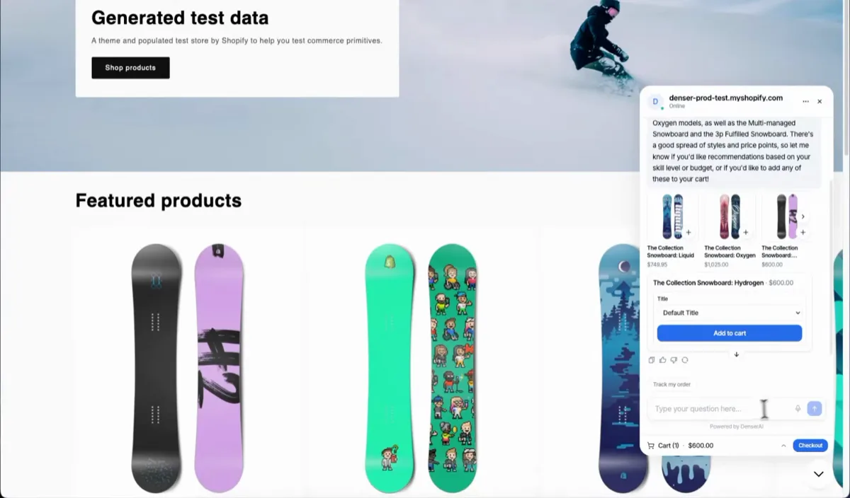 Select a Shopify product and add it to the native storefront cart from Denser chat