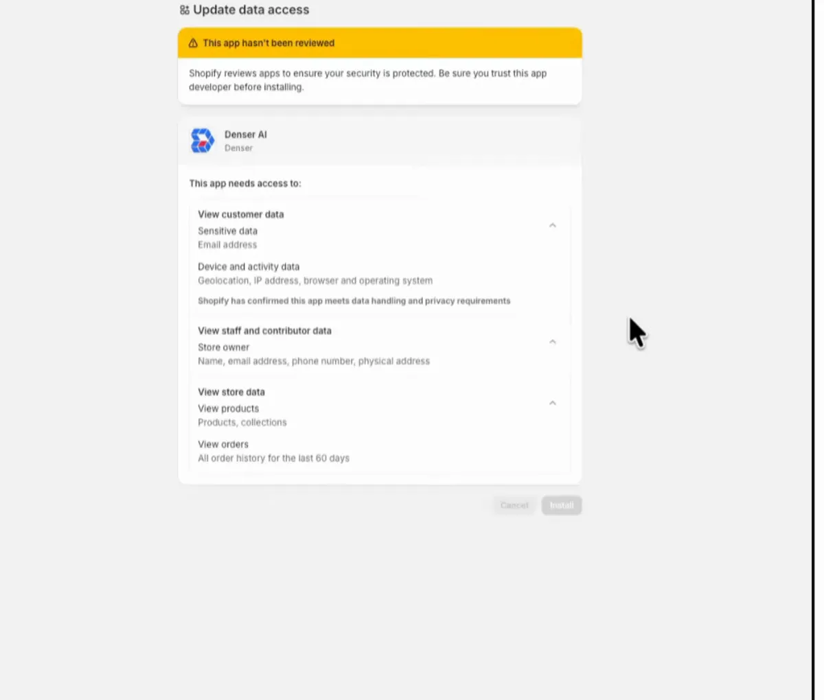 Review the data access requested by the Denser AI Shopify app