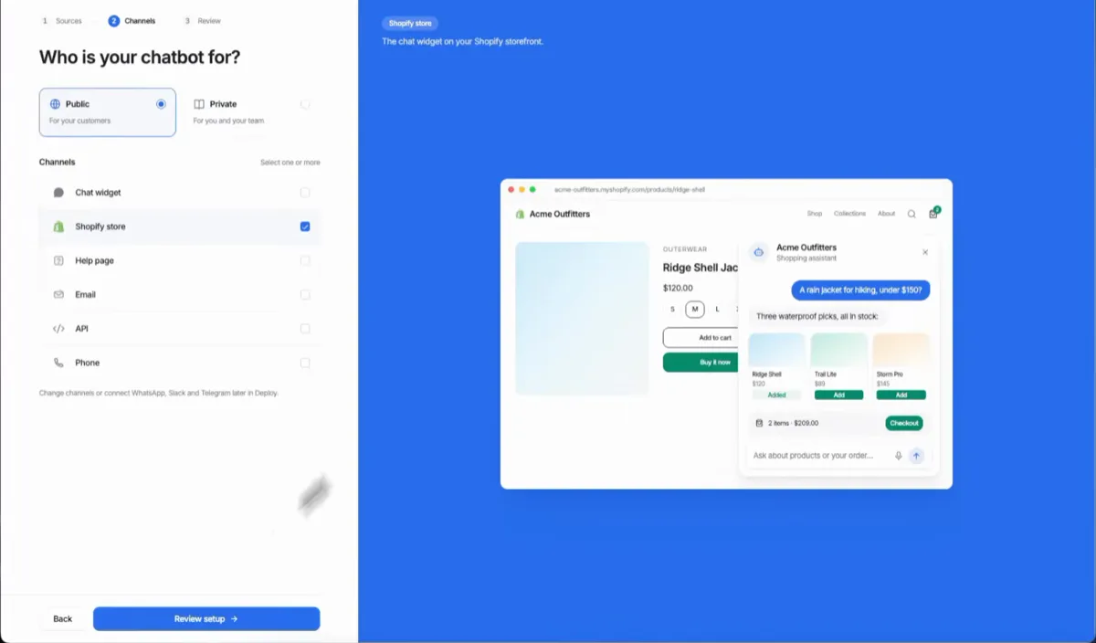 Choose a public chatbot and Shopify store channel in Denser AI