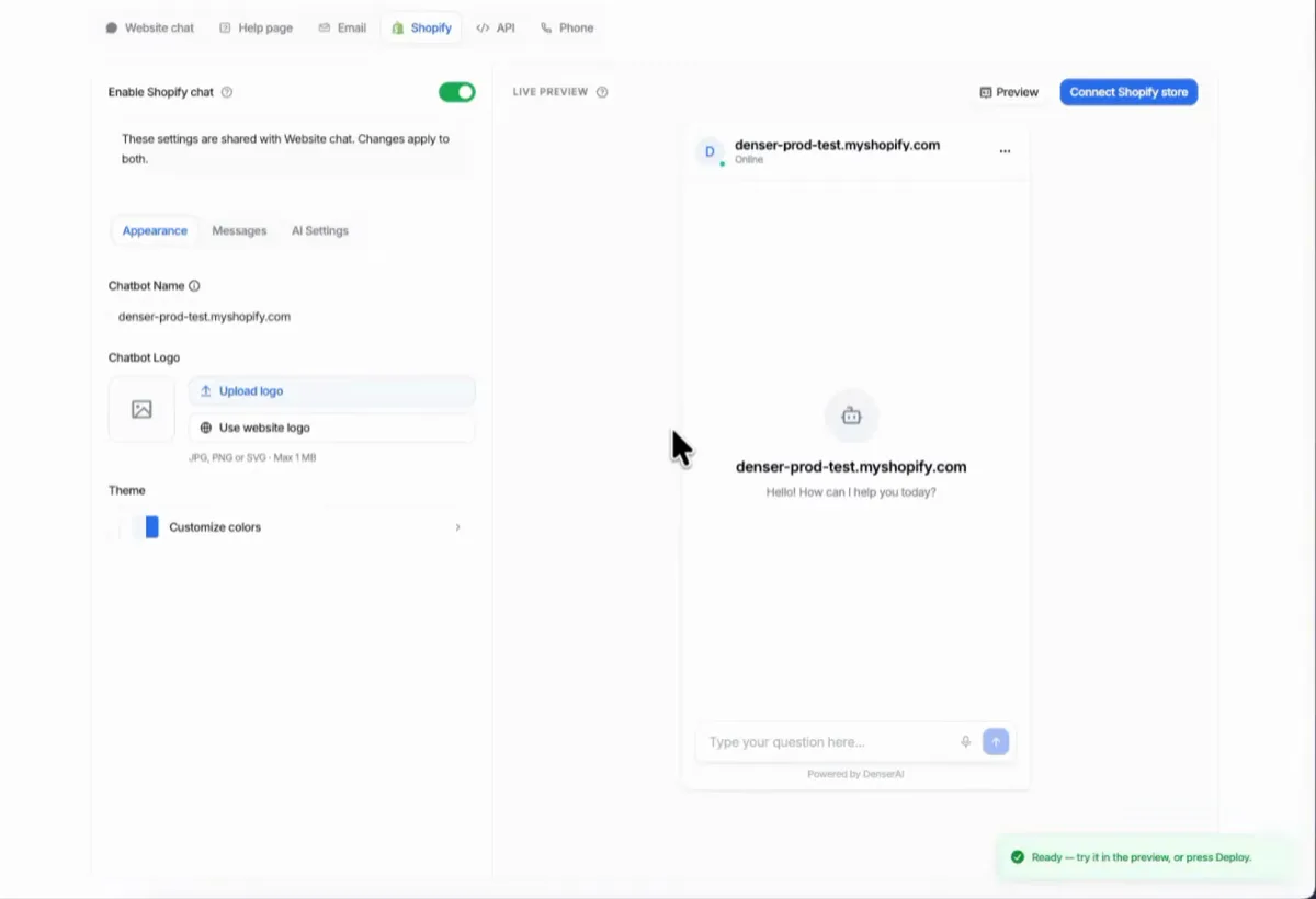 Connect a Shopify store from the Denser AI Shopify settings