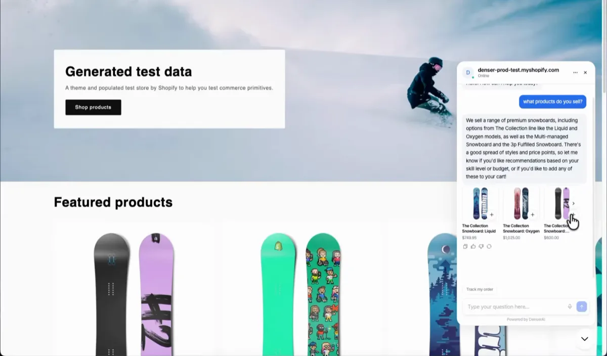 Denser AI returns live Shopify product results as product cards