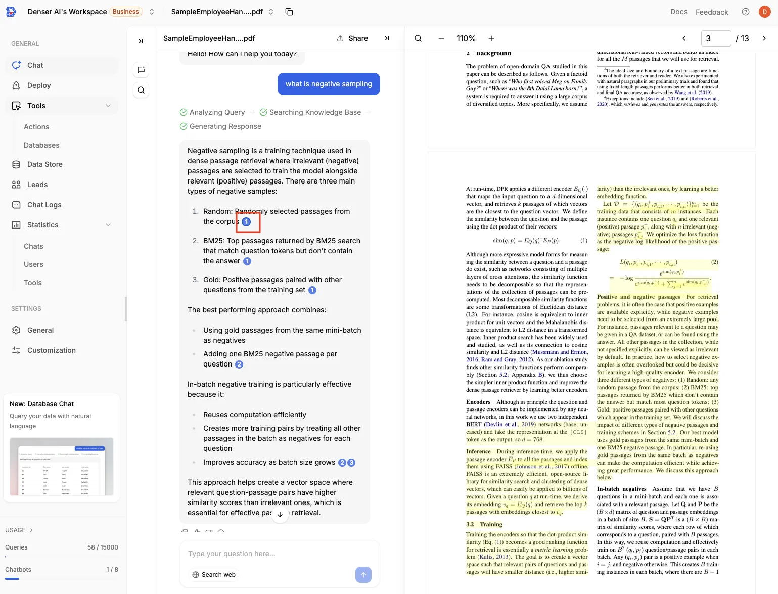 Screenshot concept: Denser Chat showing a PDF on the right with a highlighted paragraph, and a chat answer on the left referencing that exact highlighted section.