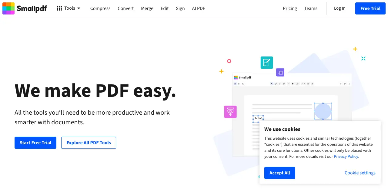 Smallpdf homepage showing PDF tools suite with AI assistant