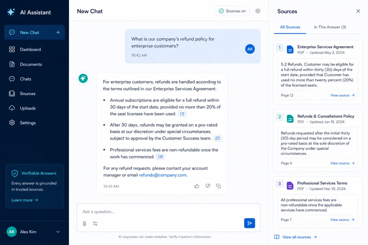 AI chatbot interface showing answers with inline source citations that users can click to verify