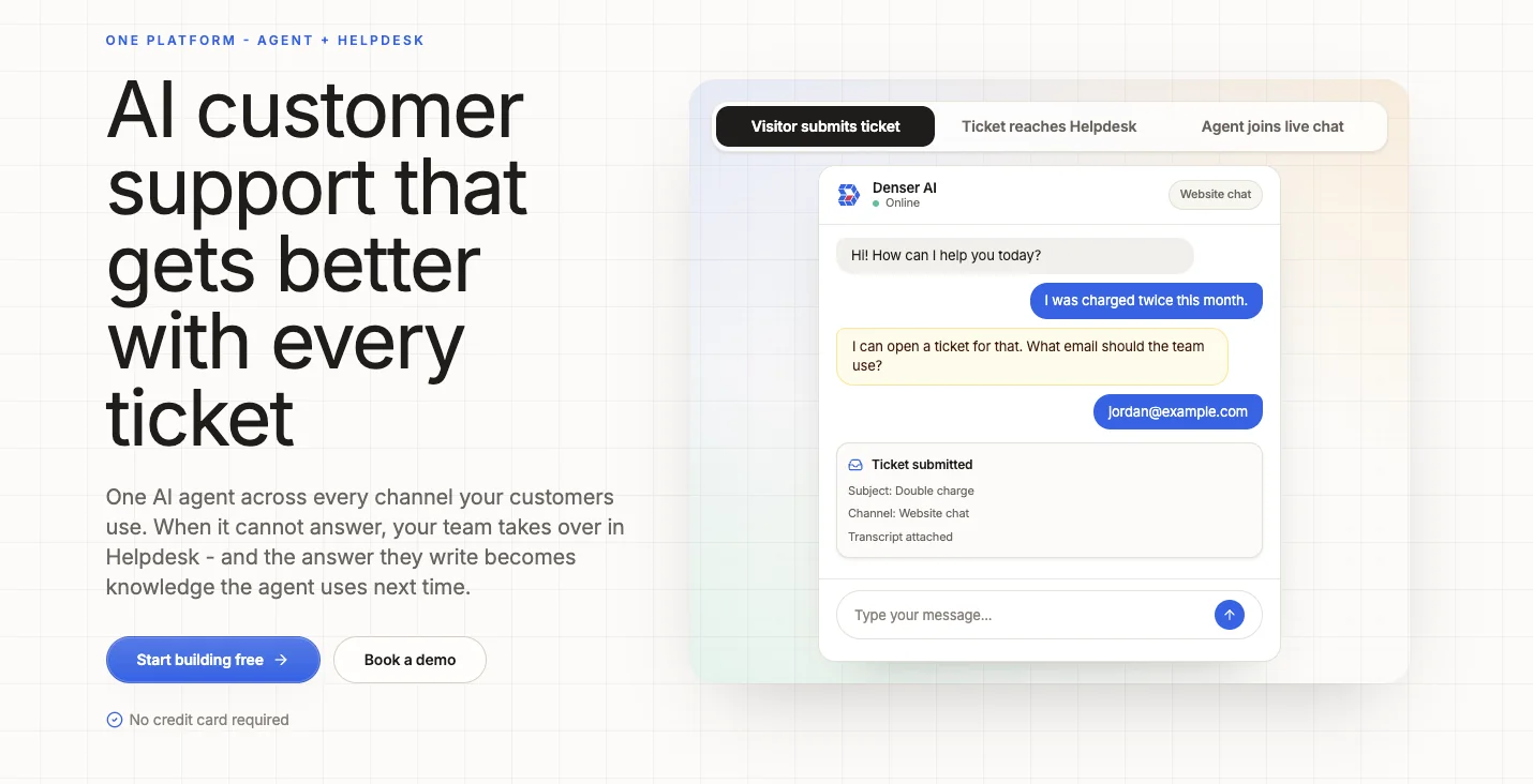 Denser AI customer service agent creating a helpdesk ticket and handing the conversation to a human support team