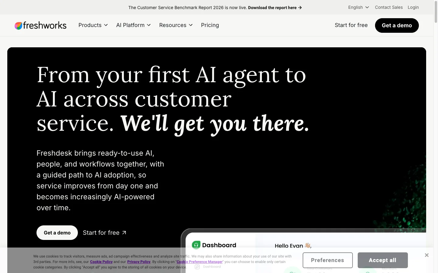 Freshdesk homepage presenting AI-powered customer service software