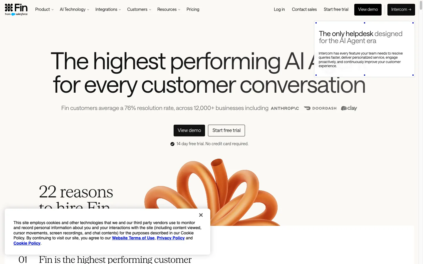 Intercom Fin homepage presenting its customer service AI agent and resolution capabilities