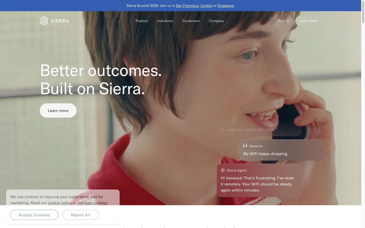 Sierra homepage presenting its conversational AI platform for customer outcomes