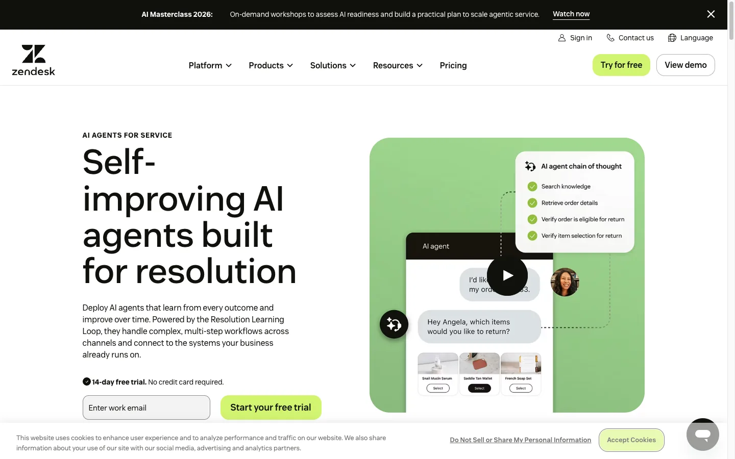 Zendesk AI Agents homepage showing its self-improving customer service agent