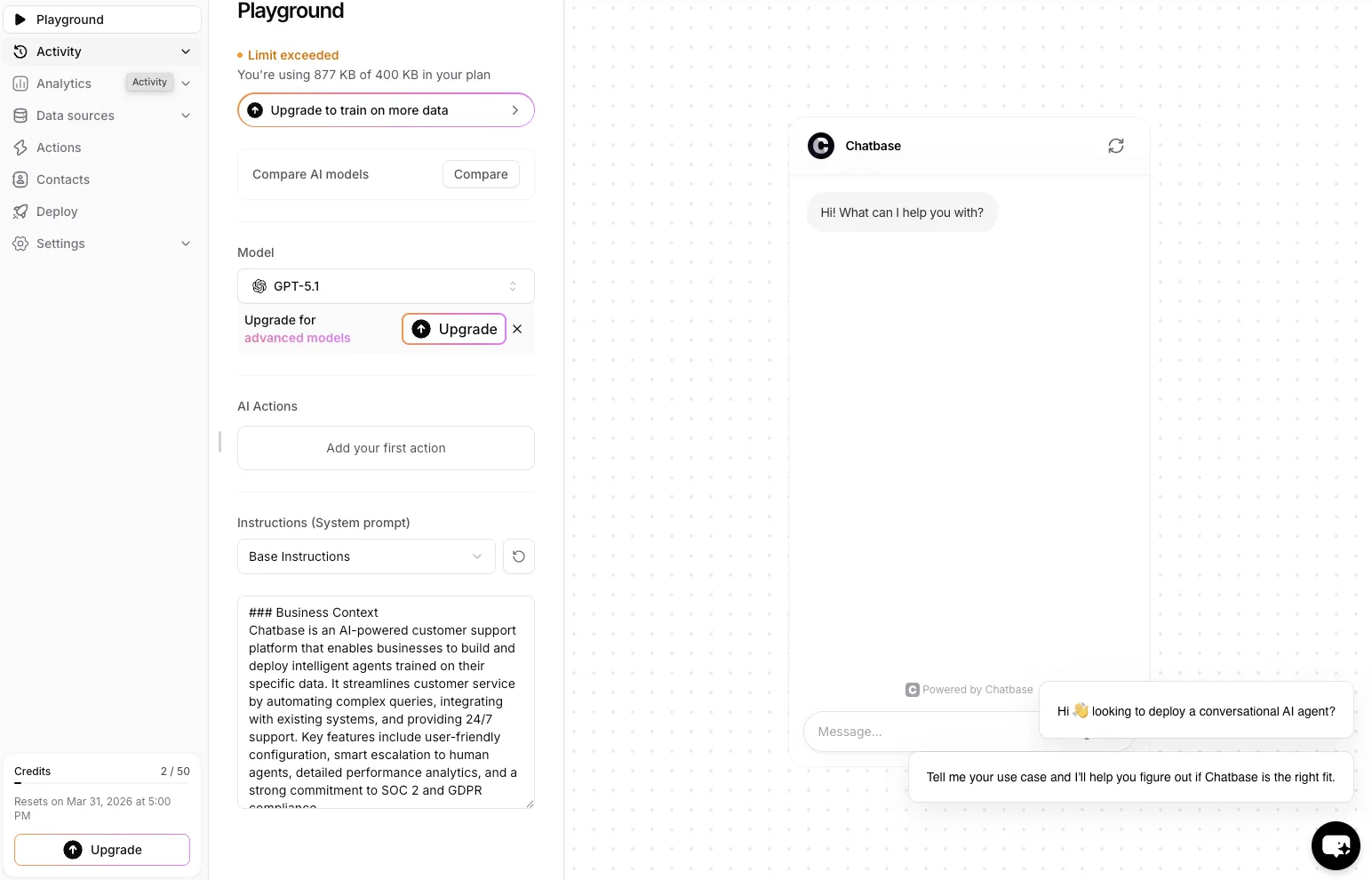 Chatbase dashboard and playground interface