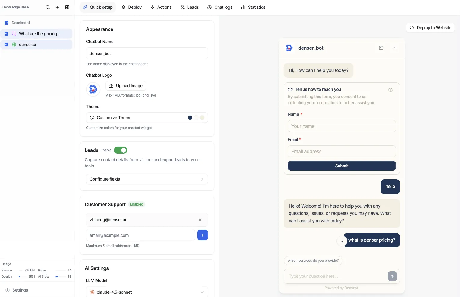 Denser Chat dashboard with chatbot builder, lead capture, and live chat preview