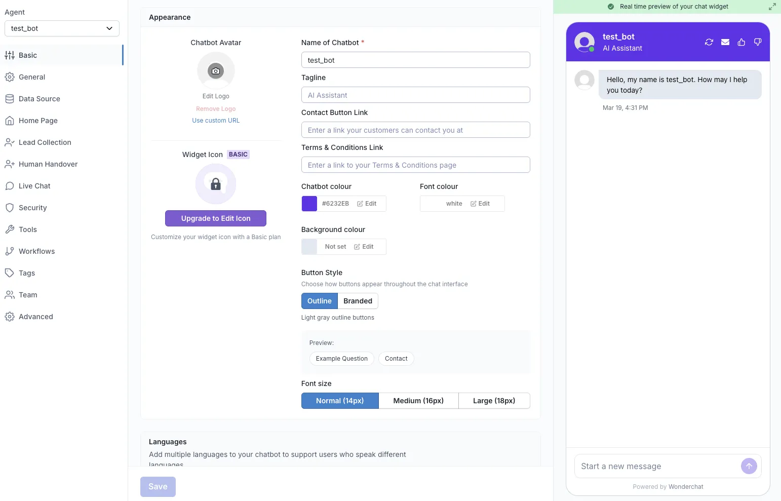 Wonderchat homepage and chatbot builder interface