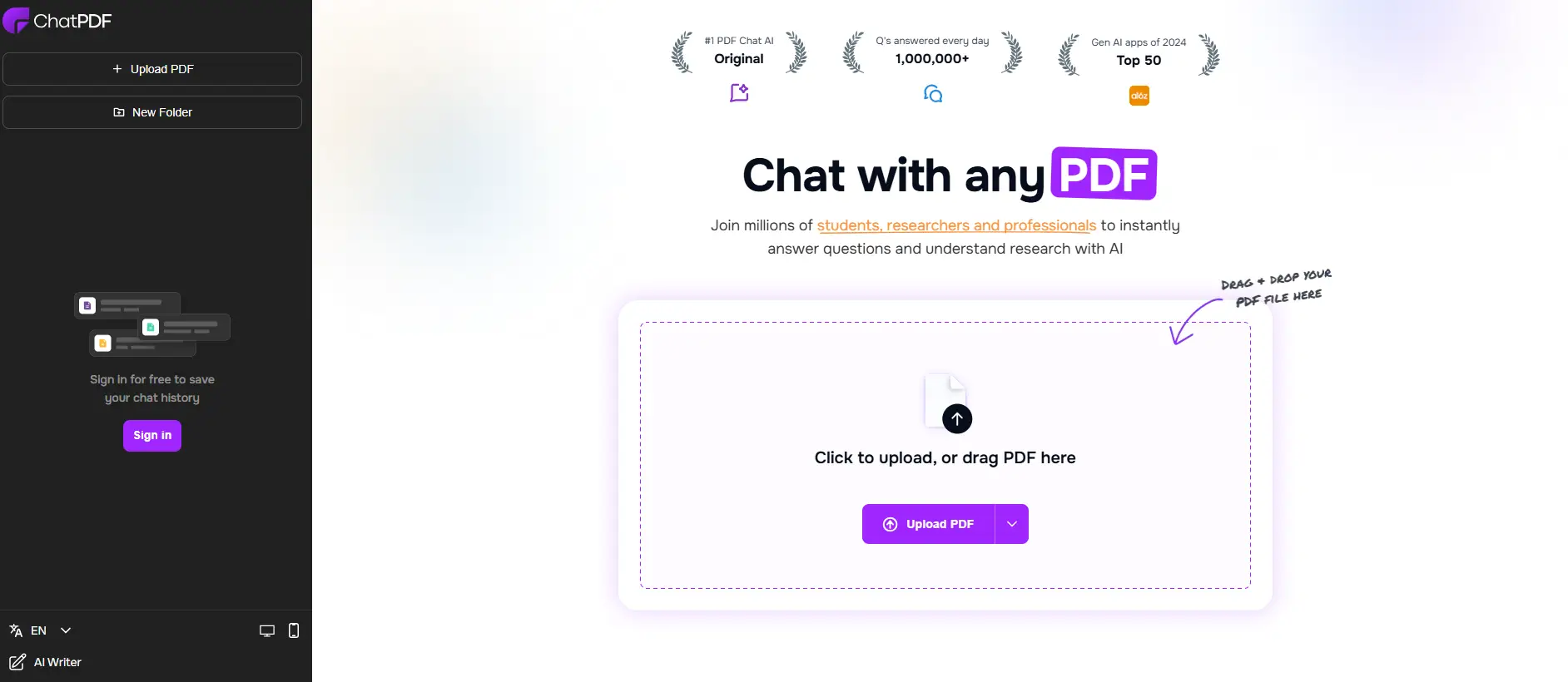 ChatPDF free PDF summary interface