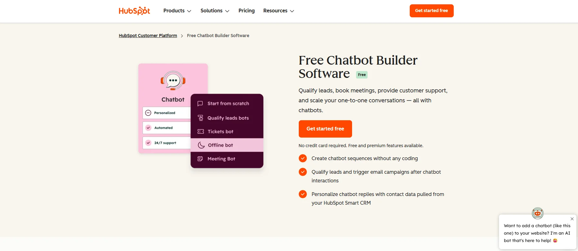HubSpot chatbot builder connected to free CRM
