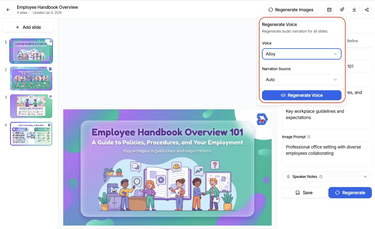 AI voice narration in Denser AI Slides