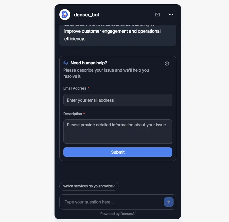 Denser.ai chatbot human support form for collecting visitor contact information