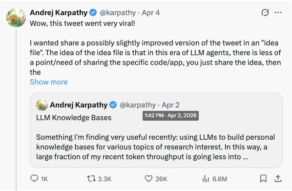 Andrej Karpathy's post on X announcing the LLM Wiki gist