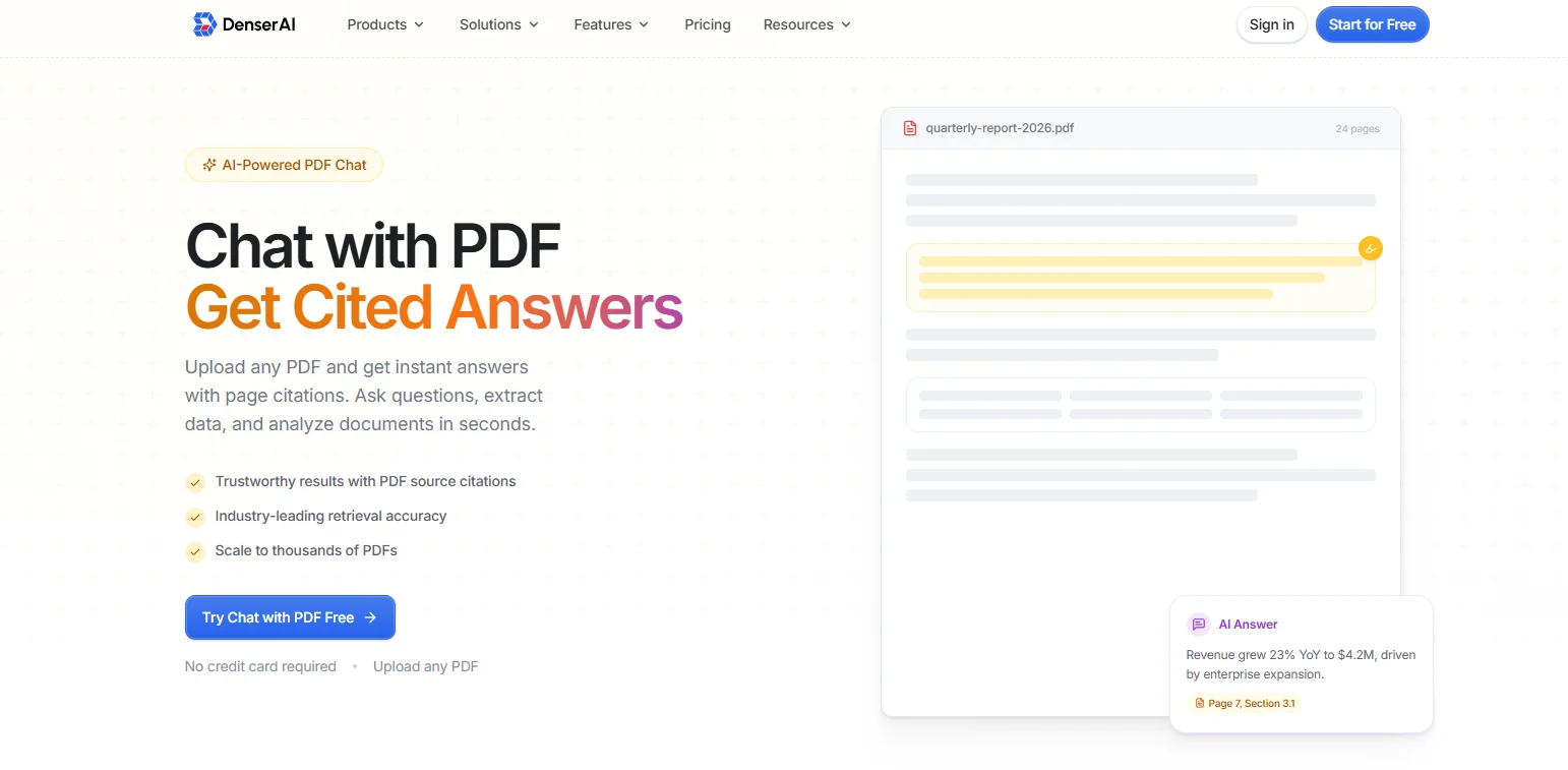 Denser AI chat with a long PDF document, returning an answer with page citations and source highlights