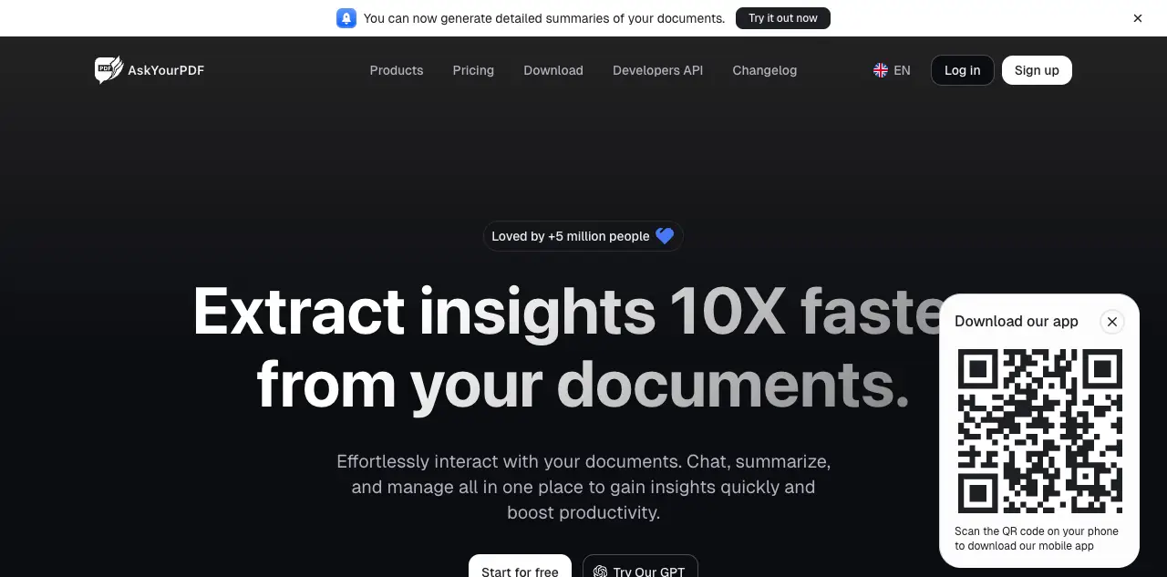 AskYourPDF homepage with knowledge base and Chrome extension features