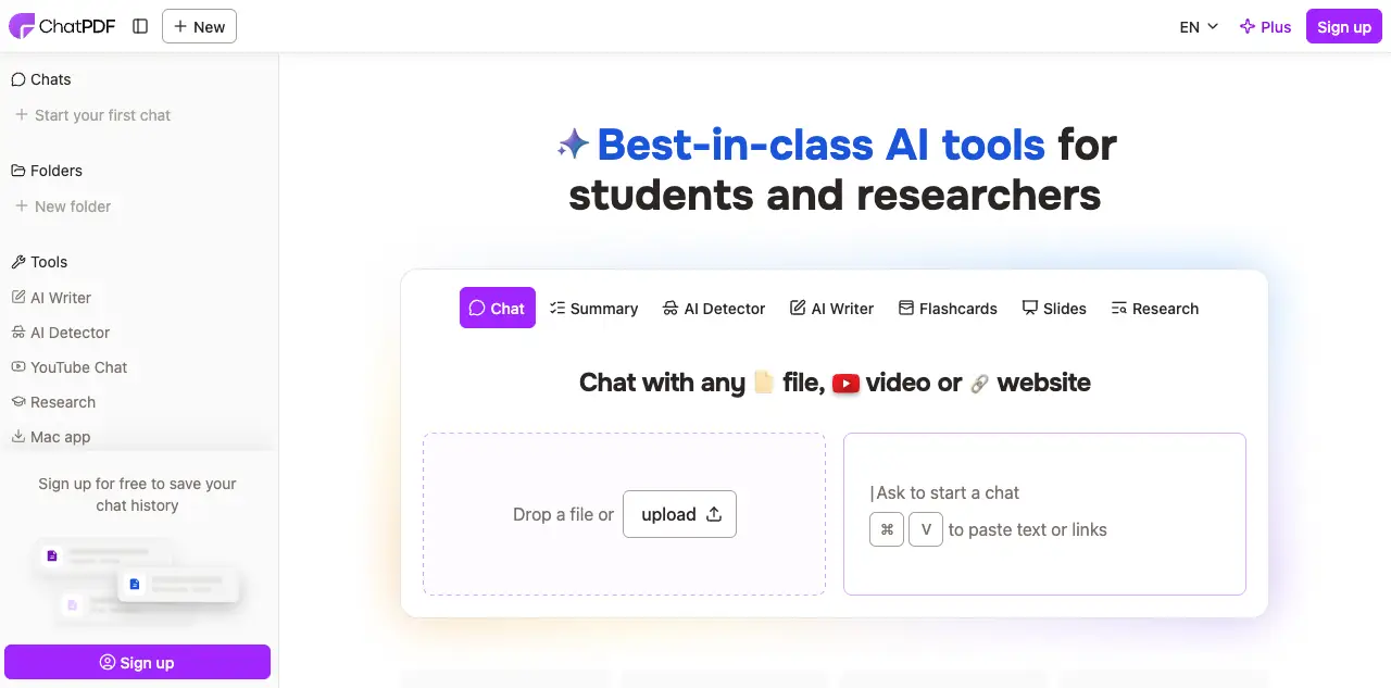 ChatPDF homepage and side-by-side document chat interface
