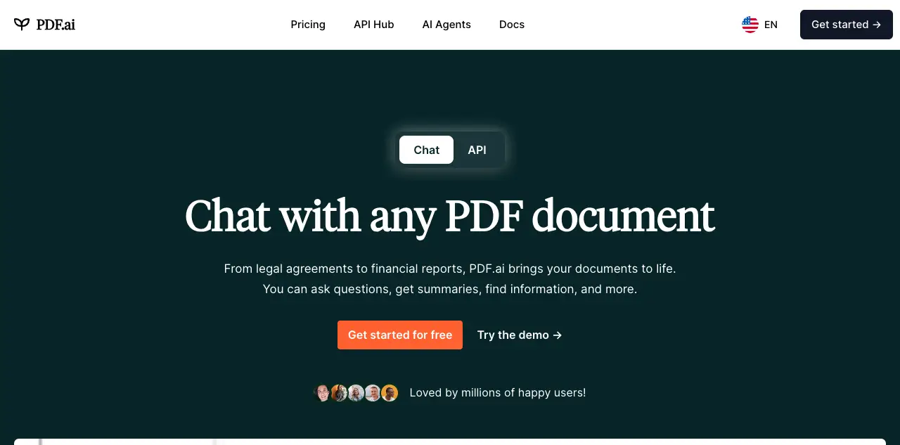 PDF.ai homepage highlighting multi-document chat and data extraction