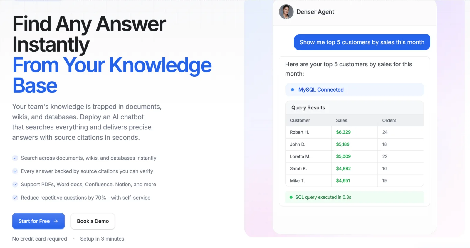 Denser AI knowledge base chatbot answering a documentation question with a source citation