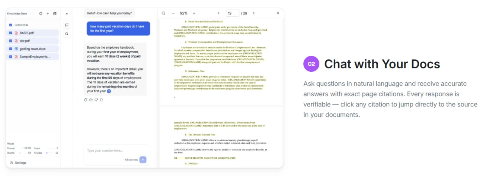 Ask questions in natural language and get cited answers from your PDF