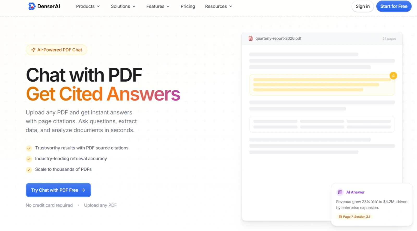 Denser AI Chat with PDF landing page — Get Cited Answers