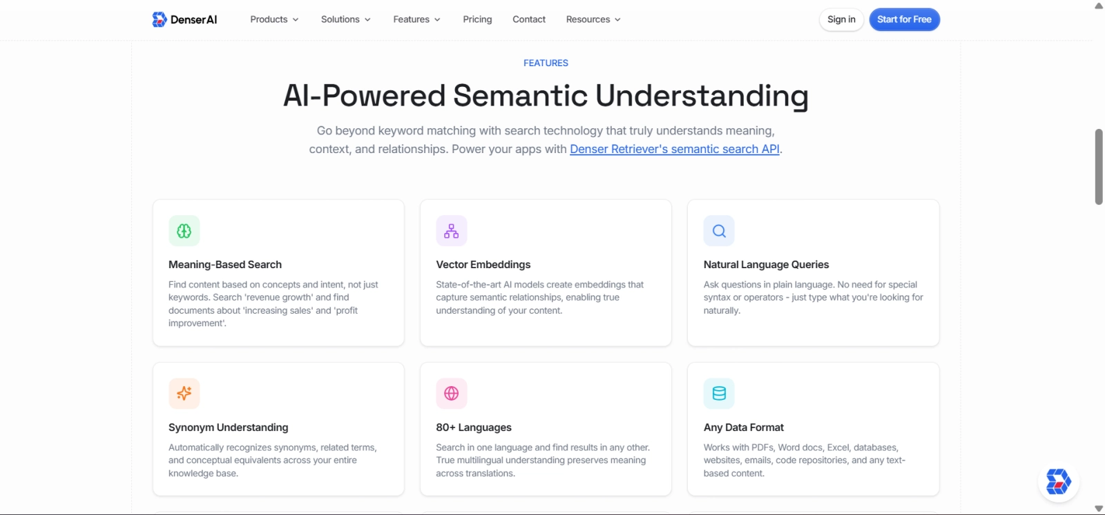 Denser AI semantic search interface with citation-backed answers