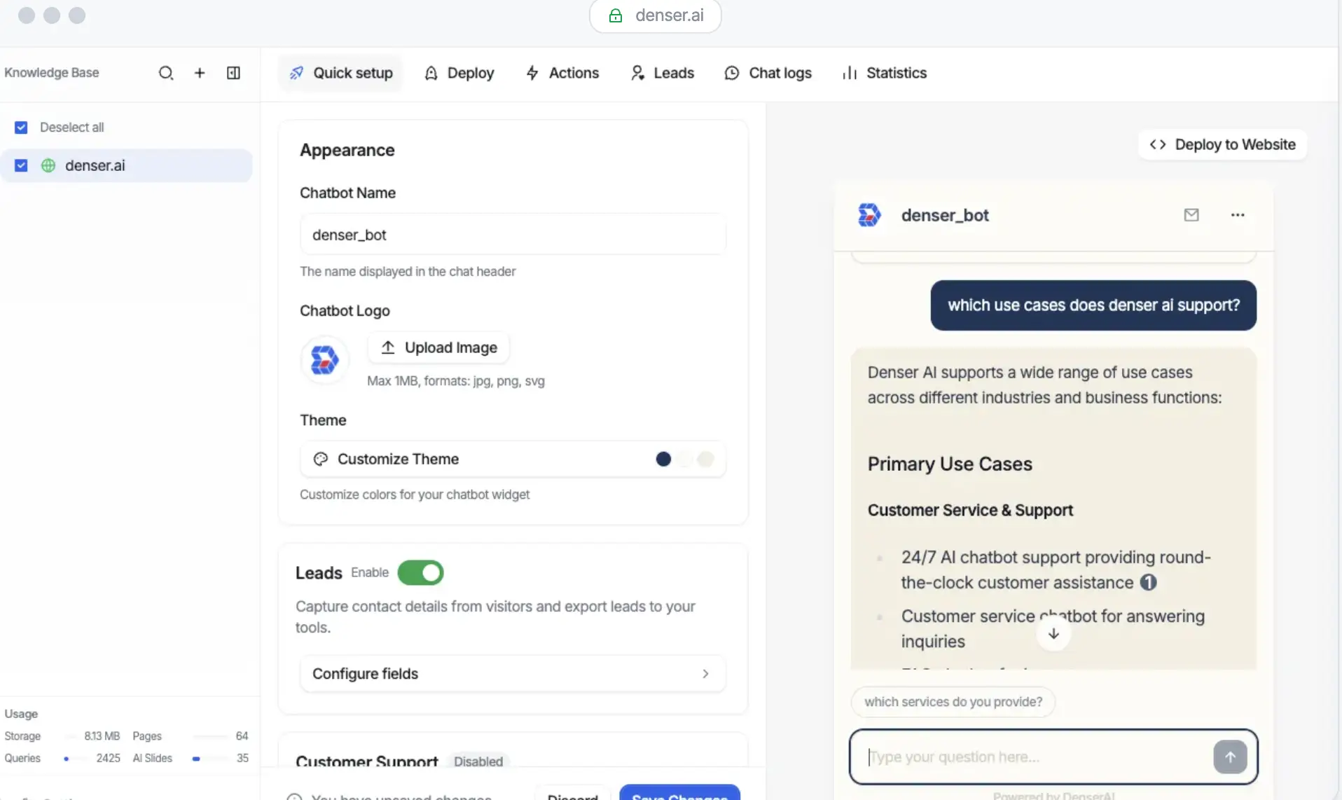 Denser AI Shopify chatbot integration and optimization features