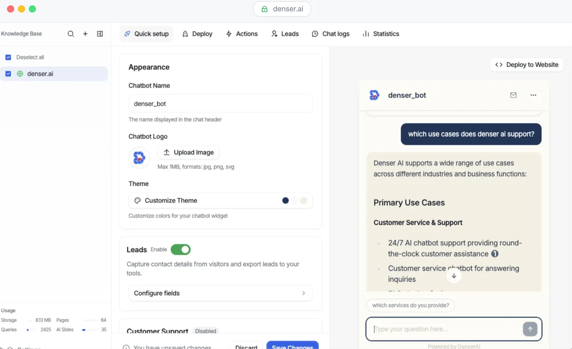 Denser AI dashboard and chatbot interface