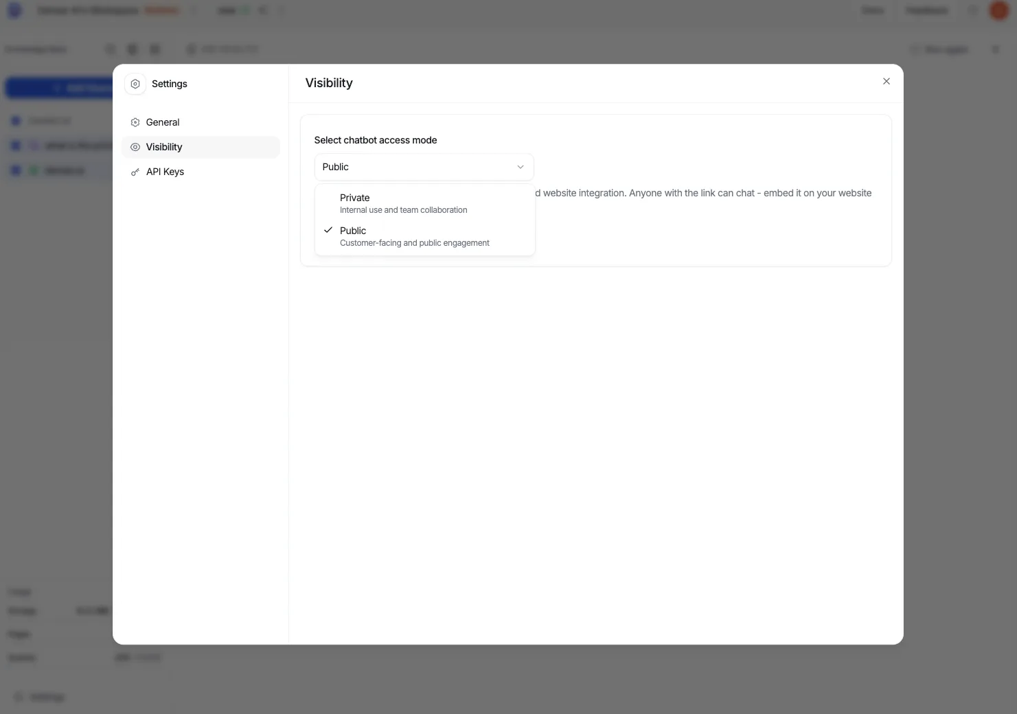 The chatbot Visibility settings with the access-mode dropdown open, showing the Public and Private options